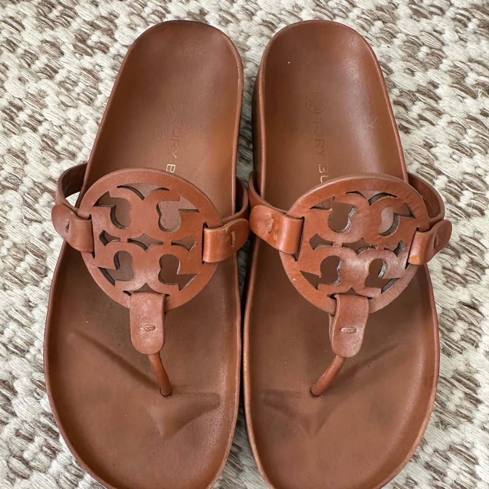 Tory Burch Brown Leather Logo Thong Sandals